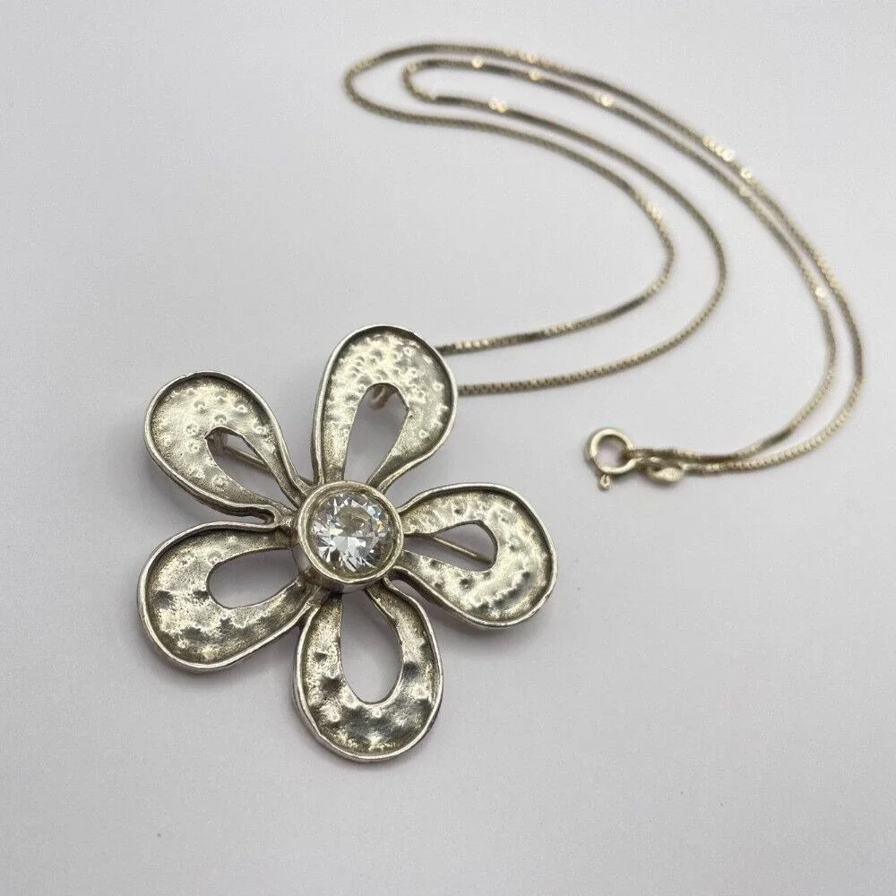 Silpada I1540‎ Sterling Silver Convertible Flower Pendant Brooch CZ Center